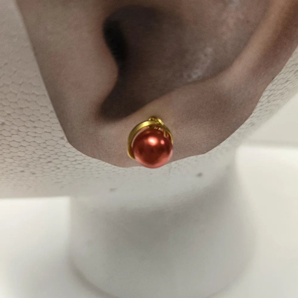 Hand Crafted Gold and Red Faux Pearl Post Earrings - Picture 3 of 10